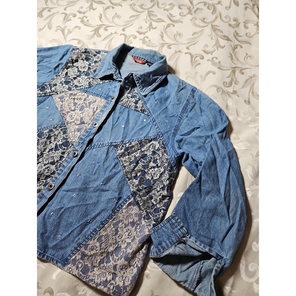 Y2K Denim & Lace Cowgirl Shirt Western Rodeo Festival Patchwork Southwestern XL